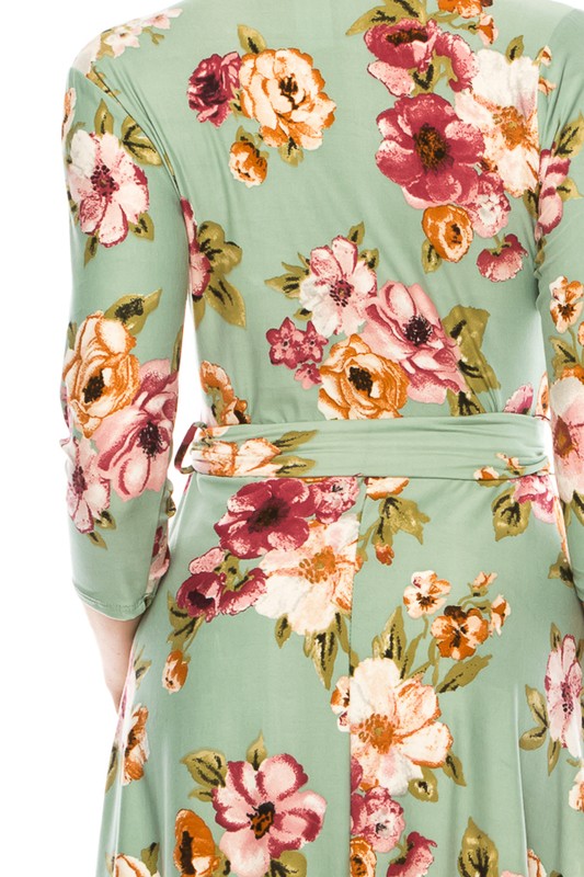 Floral print, faux wrap dress with deep V-neck