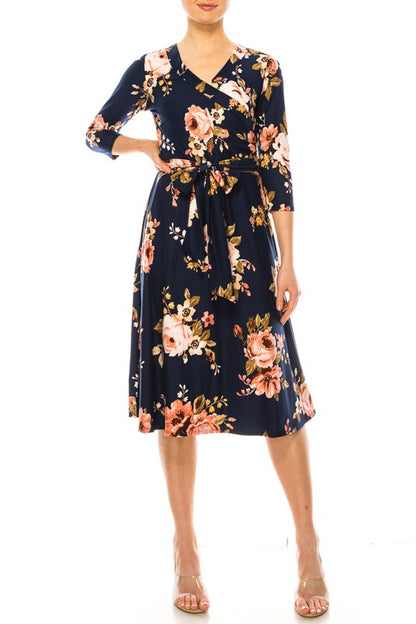 Floral print, faux wrap dress with deep V-neck