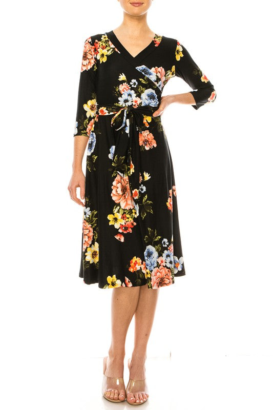 Floral print, faux wrap dress with deep V-neck