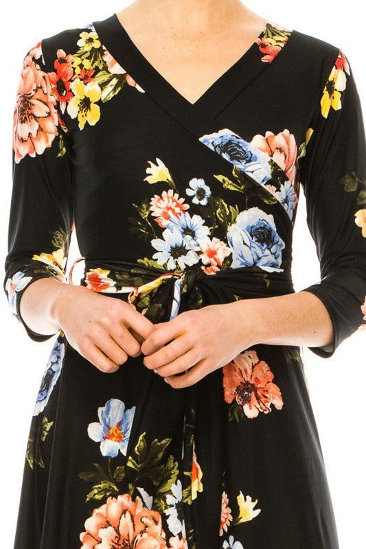 Floral print, faux wrap dress with deep V-neck