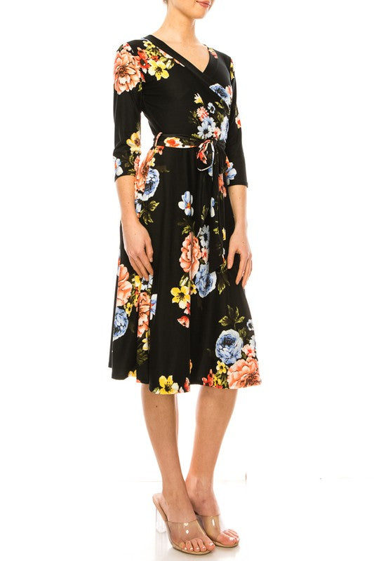 Floral print, faux wrap dress with deep V-neck