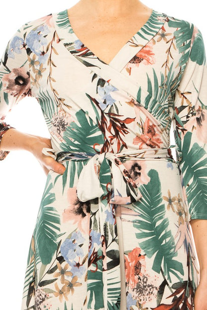 Floral print, faux wrap dress with deep V-neck