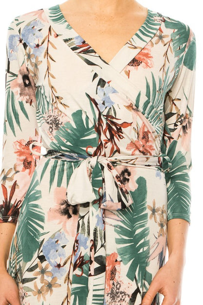 Floral print, faux wrap dress with deep V-neck