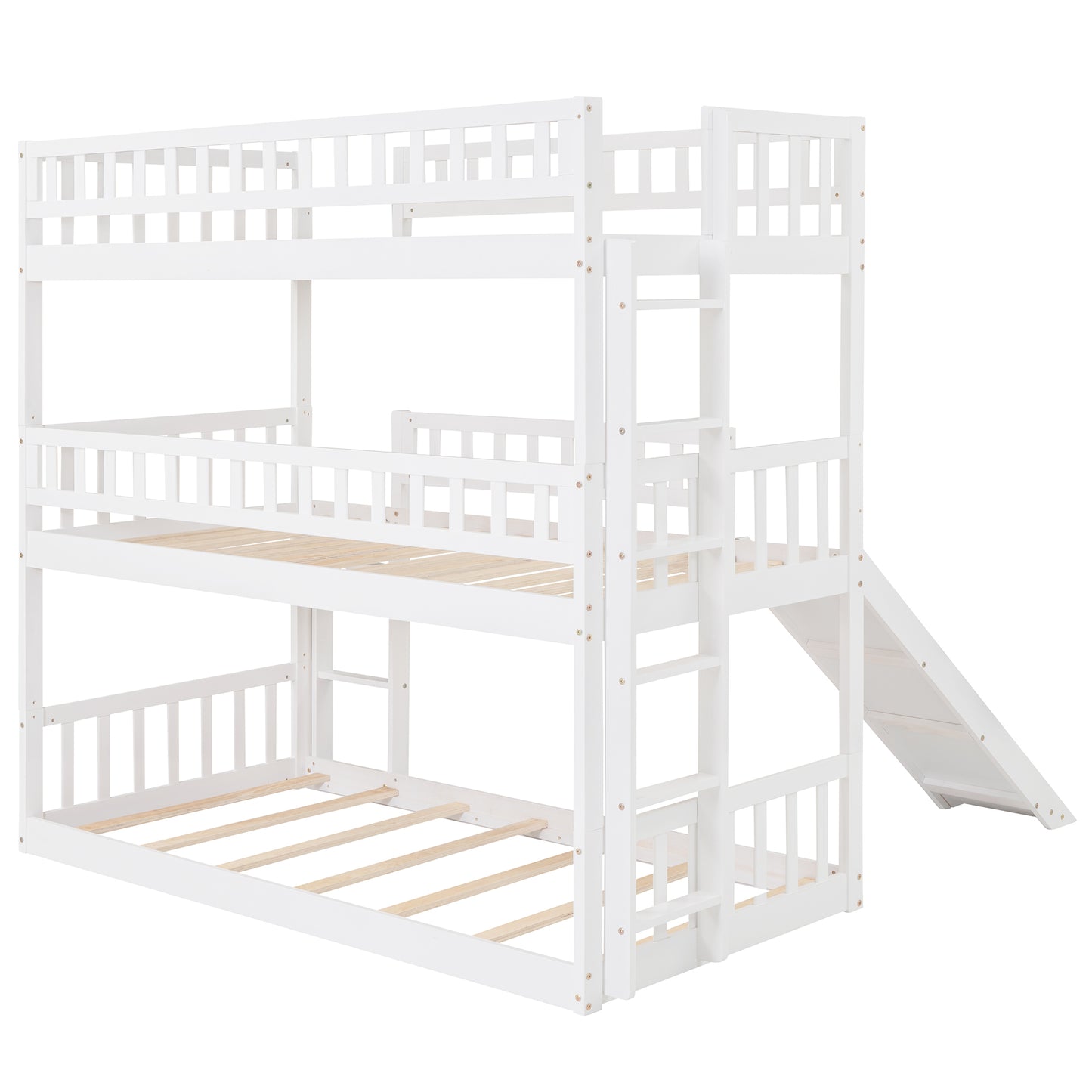 Twin-Over-Twin-Over-Twin Triple Bed with Built-in Ladder and Slide, Triple Bunk Bed with Guardrails, White(OLD SKU: LP000051AAK)