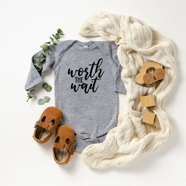 Worth The Wait Fancy Script Long Sleeve Onesie