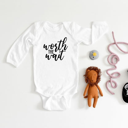 Worth The Wait Fancy Script Long Sleeve Onesie