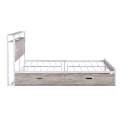 Full Size Metal Platform Bed Frame with  Two Drawers,Sockets and USB Ports ,Slat Support No Box Spring Needed White