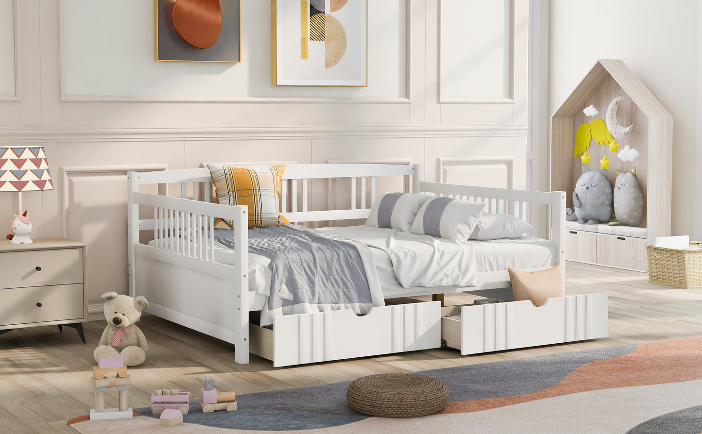 Full Size Daybed Wood Bed with Two Drawers,White