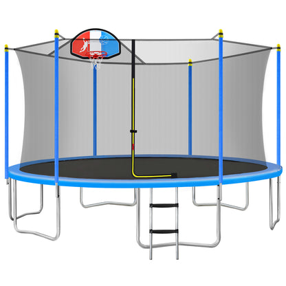 15FT Trampoline for Kids with Safety Enclosure Net, Basketball Hoop and Ladder, Easy Assembly Round Outdoor Recreational Trampoline