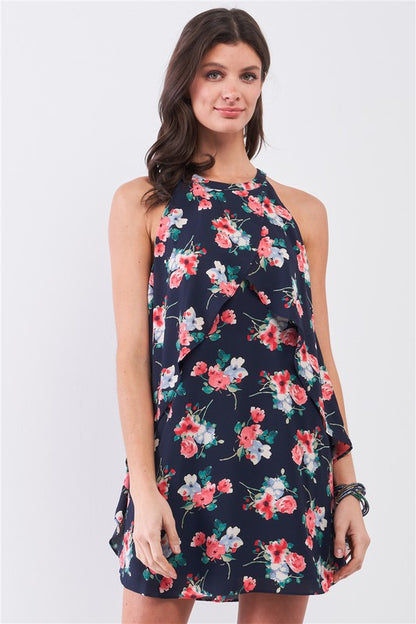 Floral Print Layered Flounce Mini Dress