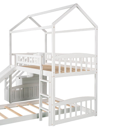 Twin Over Twin Bunk Bed with Two Drawers and Slide, House Bed with Slide, White(OLD SKU :LP000129AAK)