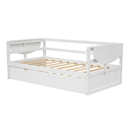 Twin Size Daybed with Trundle and Foldable Shelves on Both Sides,White