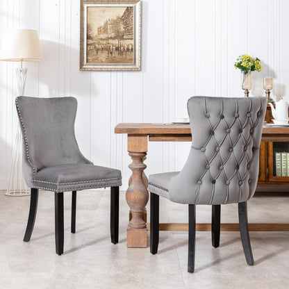 A&A Furniture,Upholstered Wing-Back Dining Chair with Backstitching Nailhead Trim and Solid Wood Legs,Set of 2, Gray