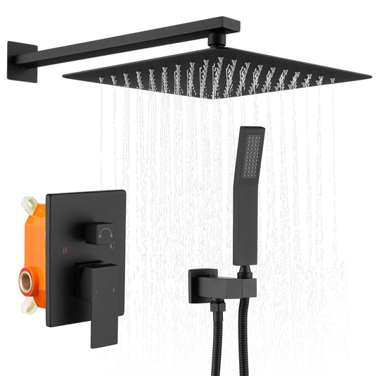 Shower System Shower Faucet Combo Set Wall Mounted with 12" Rainfall Shower Head and handheld shower faucet, Matt Black Finish with Brass Valve Rough-In