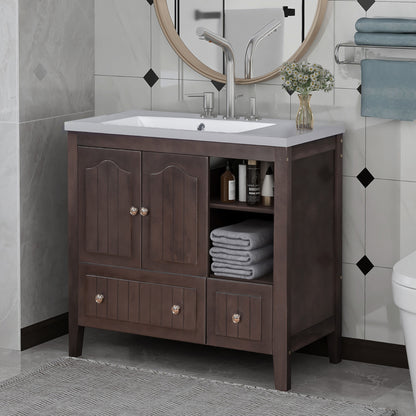 [VIDEO] 36" Bathroom Vanity with Ceramic Basin, Bathroom Storage Cabinet with Two Doors and Drawers, Solid Frame, Metal Handles, Brown