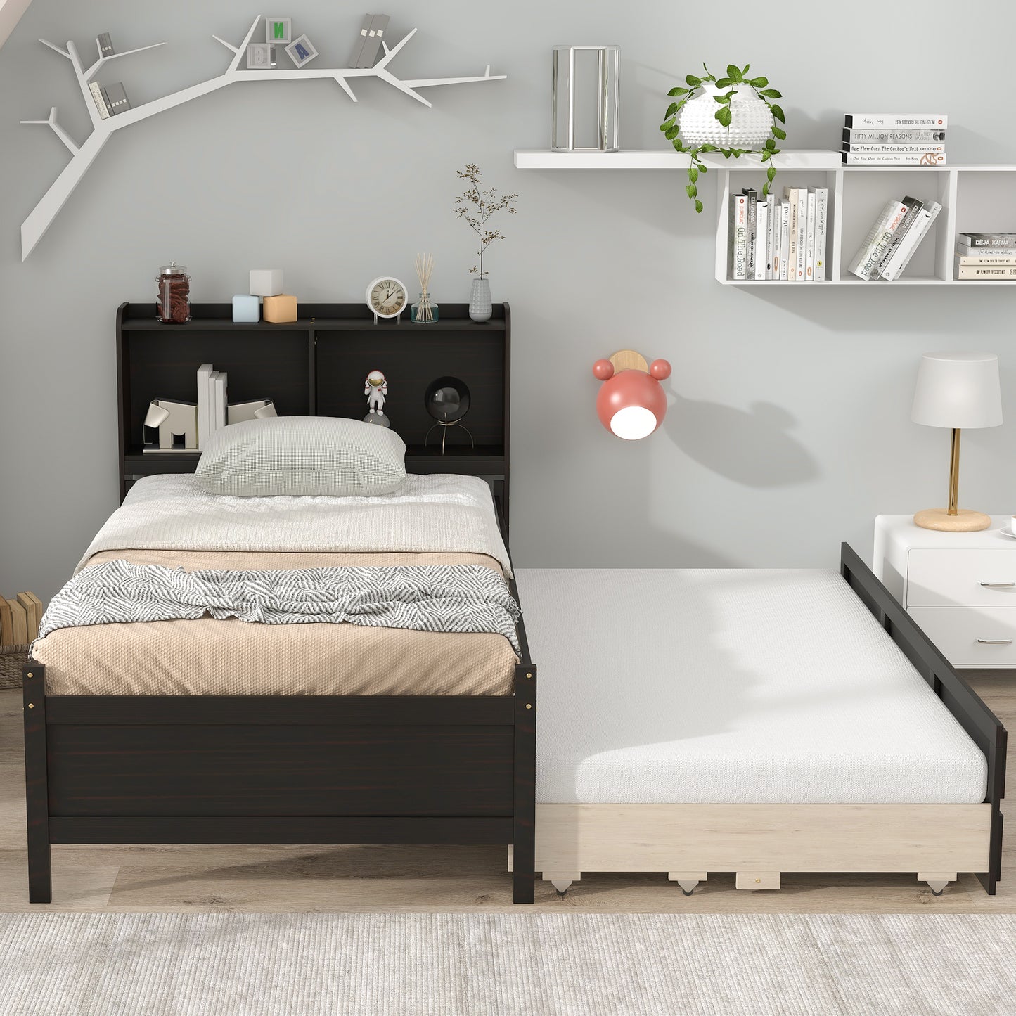 Twin Bed with Bookcase,Twin Trundle,Drawers,Espresso