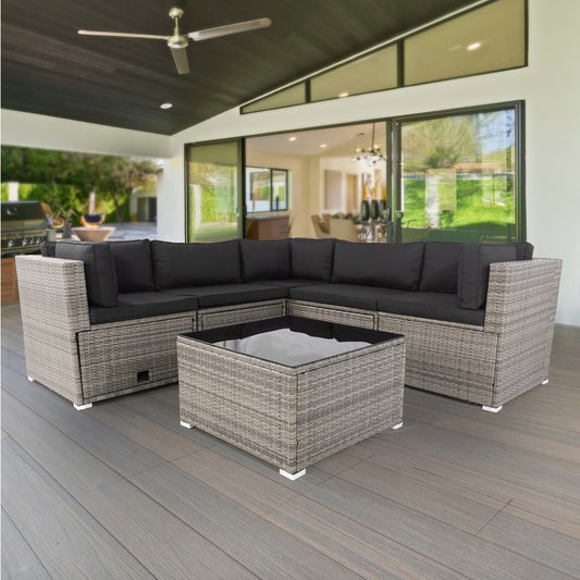 6 Pieces PE Rattan sectional Outdoor Furniture Cushioned  Sofa Set with 3 Storage Under Seat Grey