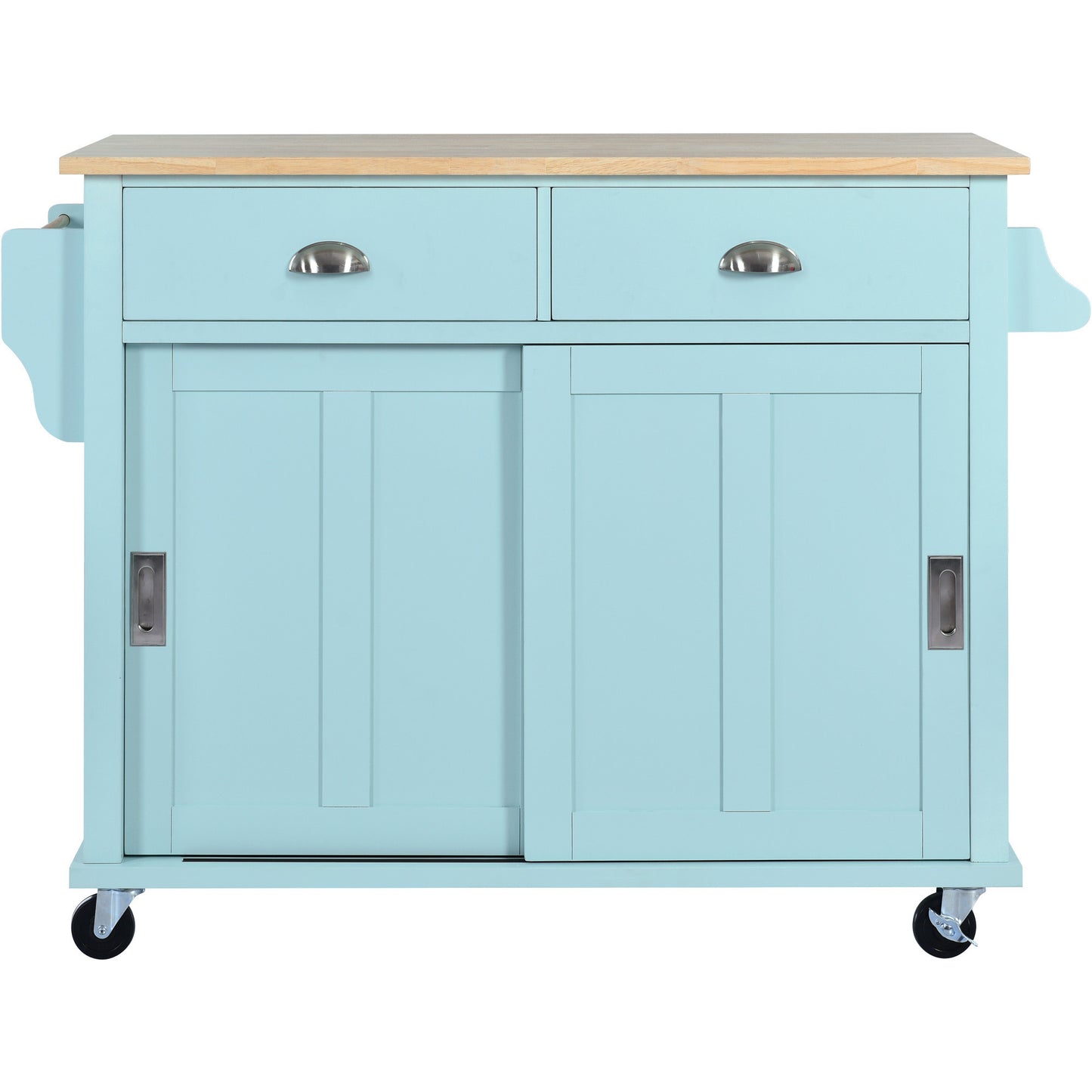 K&K Kitchen Cart with Rubber wood Drop-Leaf Countertop, Concealed sliding barn door adjustable height,Kitchen Island on 4 Wheels with Storage Cabinet and 2 Drawers,L52.2xW30.5xH36.6 inch, Mint Green