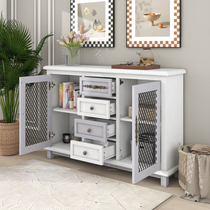 TREXM Retro Style Cabinet with 4 Drawers of the Same Size and 2 Iron Mesh Doors for Living Room and Entryway