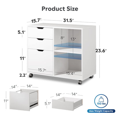 3-Drawer Wood File Cabinet, Mobile Lateral Filing Cabinet, Printer Stand with Open Storage Shelves for Home Office, White