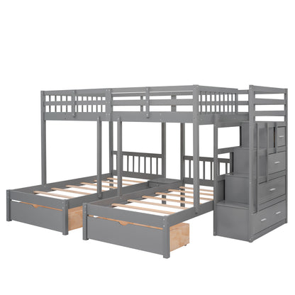 Full Over Twin & Twin Bunk Bed, Wood Triple Bunk Bed with Drawers and Guardrails (Gray)