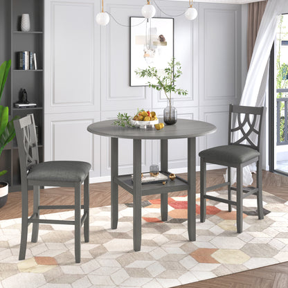 TOPMAX Farmhouse 3 Piece Round Counter Height Kitchen Dining Table Set with Drop Leaf Table, One Shelf and 2 Cross Back Padded Chairs for Small Places, Gray