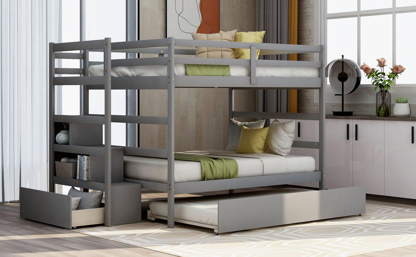 Full over Full Bunk Bed with Twin Size Trundle (Gray)(OLD SKU :LP000033AAE)