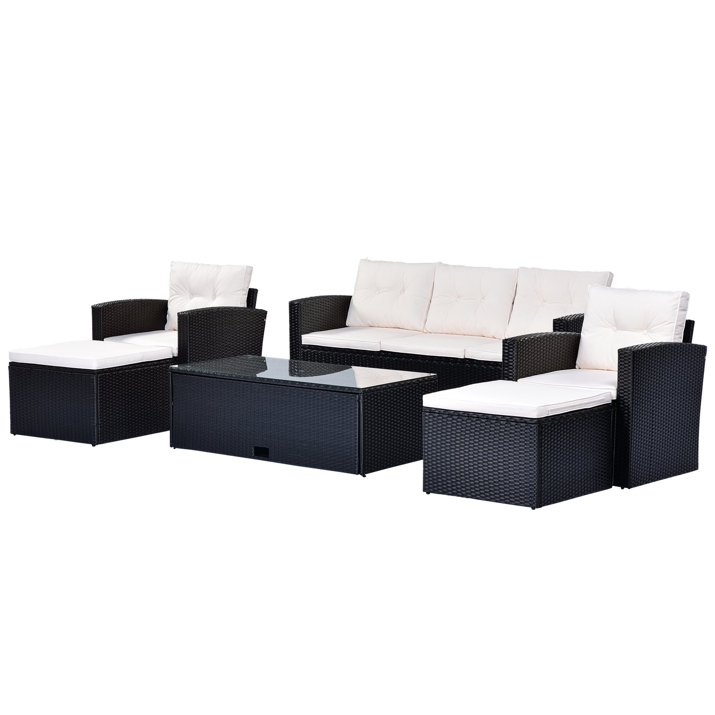 GO 6-piece All-Weather Wicker PE rattan Patio Outdoor Dining Conversation Sectional Set with coffee table, wicker sofas, ottomans, removable cushions (Black wicker, Beige cushion)