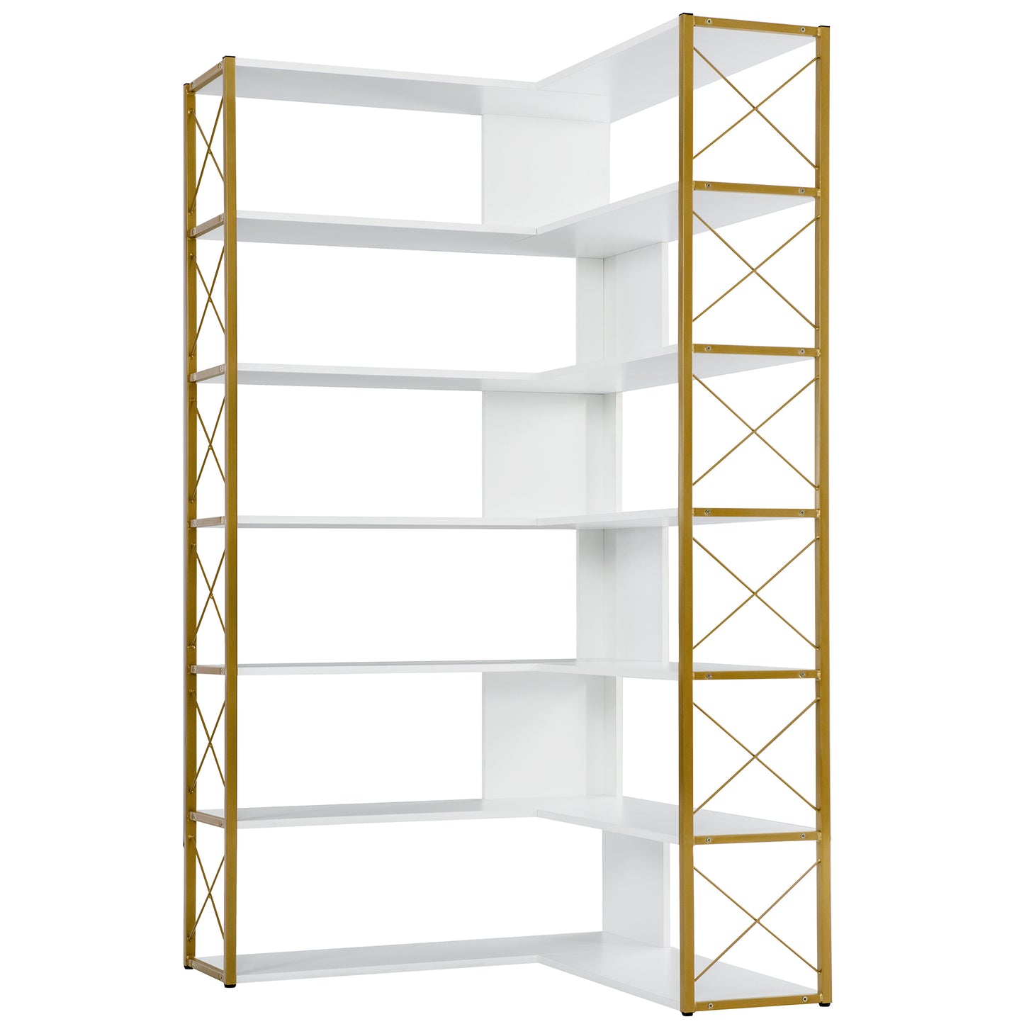 Golden+White 7-Tier Bookcase Home Office Bookshelf,  L-Shaped Corner Bookcase with Metal Frame, Industrial Style Shelf with Open Storage, MDF Board