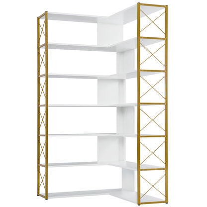 Golden+White 7-Tier Bookcase Home Office Bookshelf,  L-Shaped Corner Bookcase with Metal Frame, Industrial Style Shelf with Open Storage, MDF Board