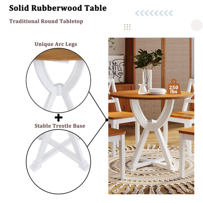 TOPMAX  Mid-Century 5-Piece Round Dining Table Set with Trestle Legs and 4 Cross Back Dining Chairs, Antique Oak+White