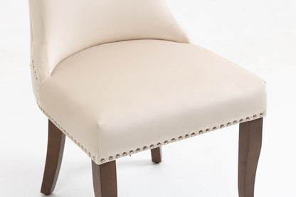 Set of 2 Velvet Upholstered Dining chair with Designed Back and Nailhead trim and Solid Wood Legs CREAM