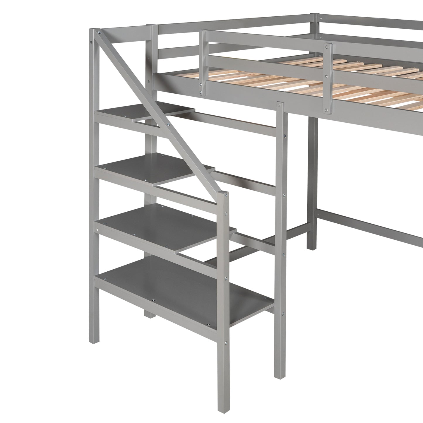 Full Size Loft Bed with Built-in Storage Staircase and Hanger for Clothes,Gray