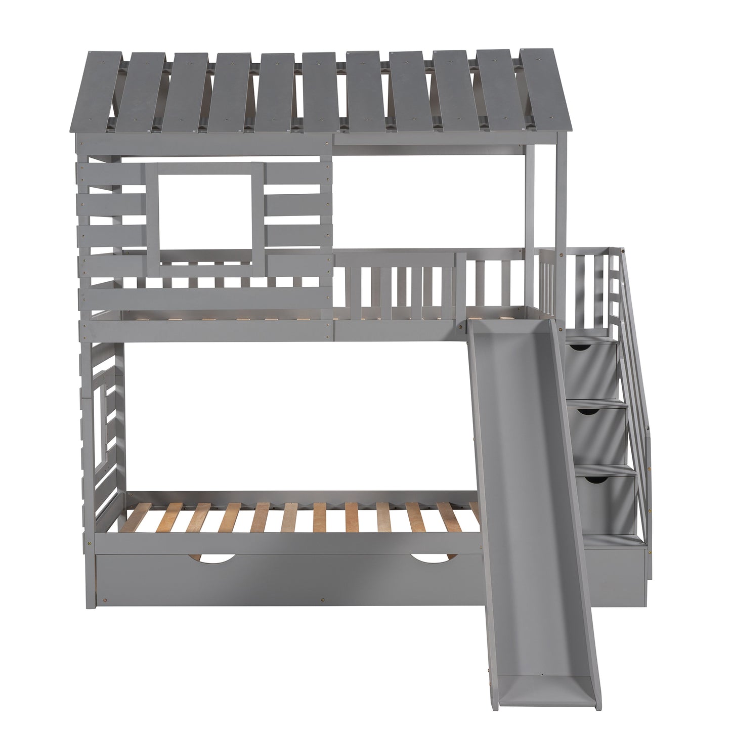 Twin over Twin House Bunk Bed with Trundle and Slide ,Storage Staircase,Roof and Window Design, Gray