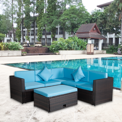 Patio Set 4-Piece Brown Poly Rattan Blue Cushion Combined 2 Blue Pillows Sectional Option Sofa Sets And Multifunctional Table