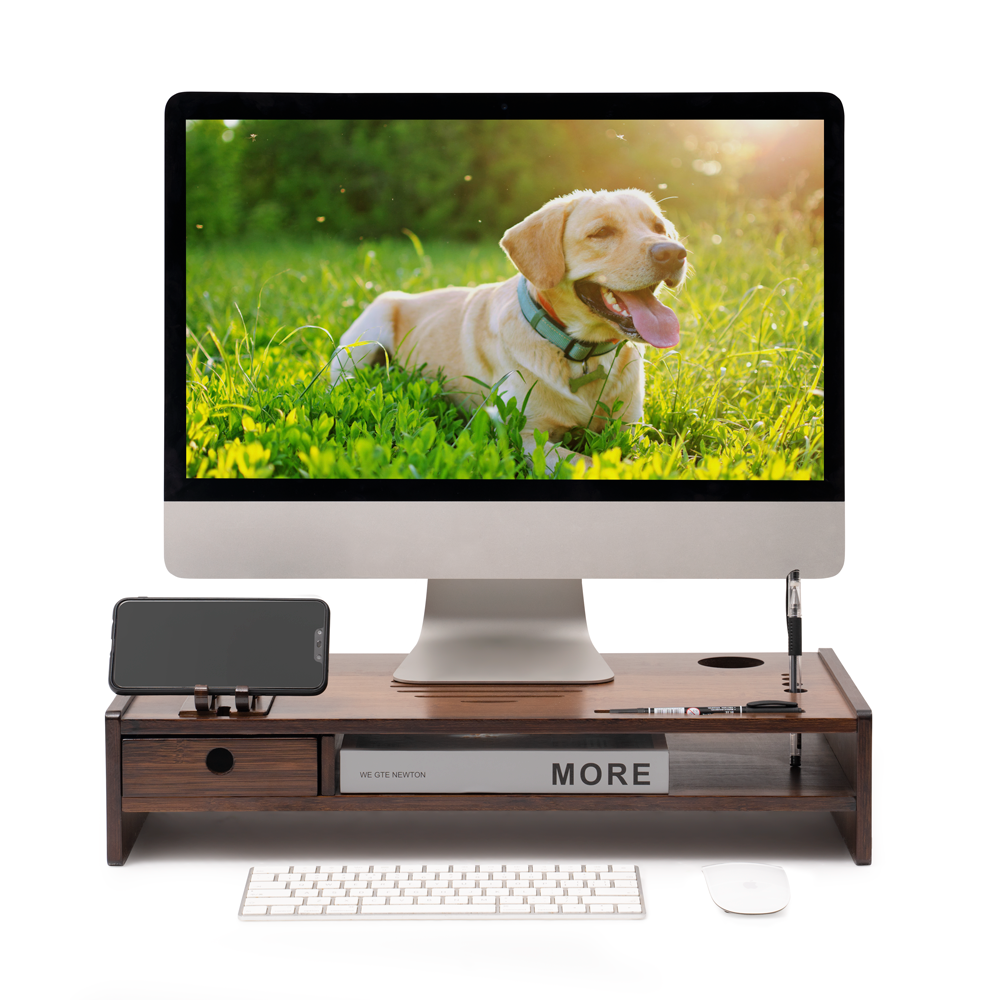 Wood Monitor Stand Riser, Desktop Organizer with One Drawer Storage, Walnut Monitor Stand for Computer Laptop