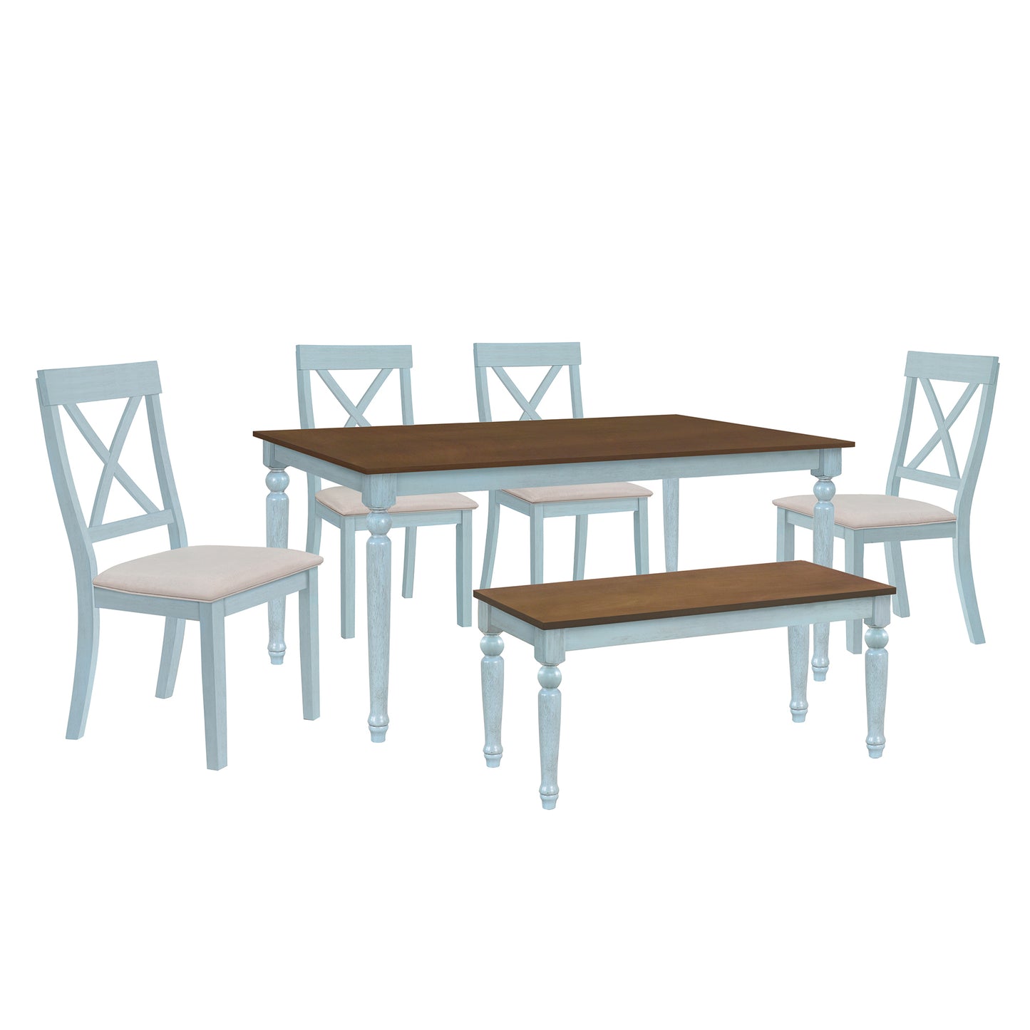 TOPMAX 6 Piece Dining Table set with Bench,Wooden Kitchen Table Set w/ 4 Padded Dining Chairs,Blue