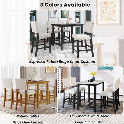 TOPMAX 5 Piece Rustic Wooden Counter Height Dining Table Set with 4 Upholstered Chairs for Small Places, Faux Marble Top+Black Body