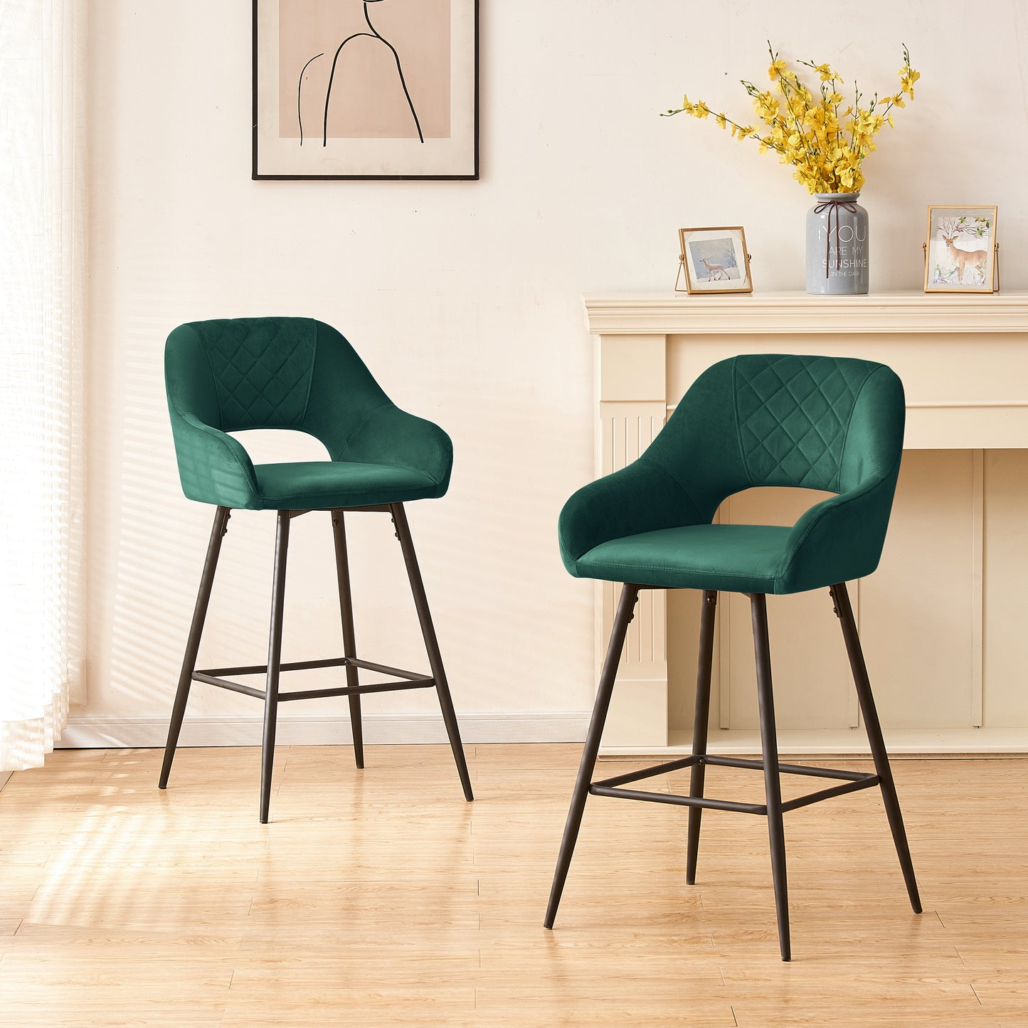 Bar Stools Set of 2 Velvet GREEN Breakfast Dining Bar Stools Fixed Height Bar Chairs with Metal Frame and Footrest for Breakfast Bar, Counter, Kitchen and Home