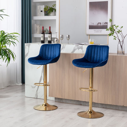 Chrome Footrest and Base Swivel Height Adjustable Mechanical Lifting Velvet + Golden Leg Simple Bar Stool,Set of 2,Navy