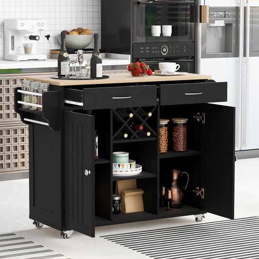 K&K Store Kitchen Island Cart with Two Storage Cabinets and Four Locking Wheels，Wine Rack, Two Drawers,Spice Rack, Towel Rack （Black）