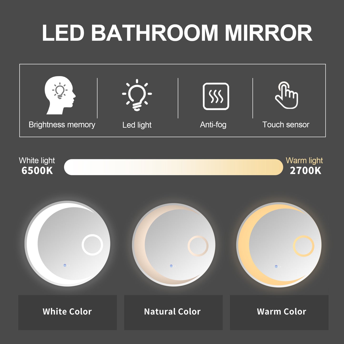 24 Inch Switch-Held Memory LED Mirror, Wall-Mounted Vanity Mirrors, Bathroom Anti-Fog Mirror, Dimmable Bathroom Mirror