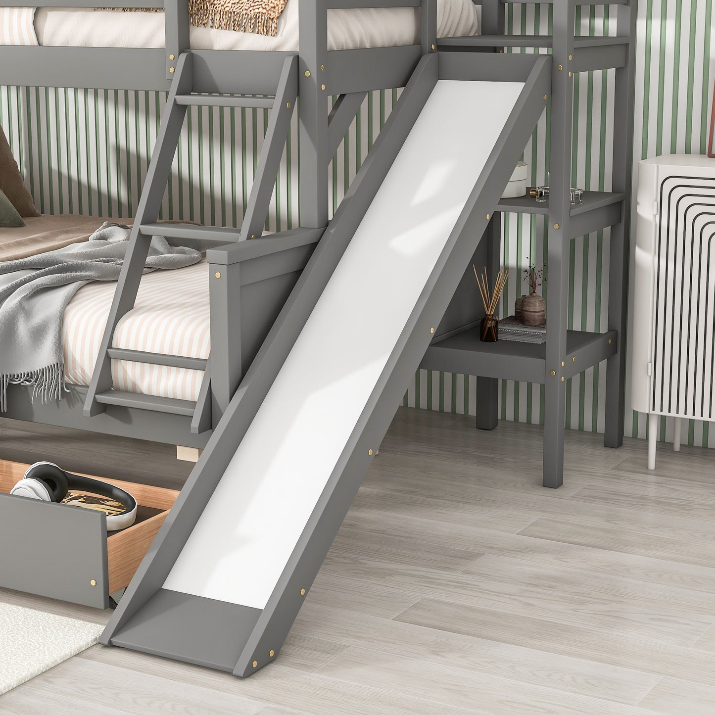 Twin over Full Bunk Bed with 2 Drawers,Slide,Shelves Gray