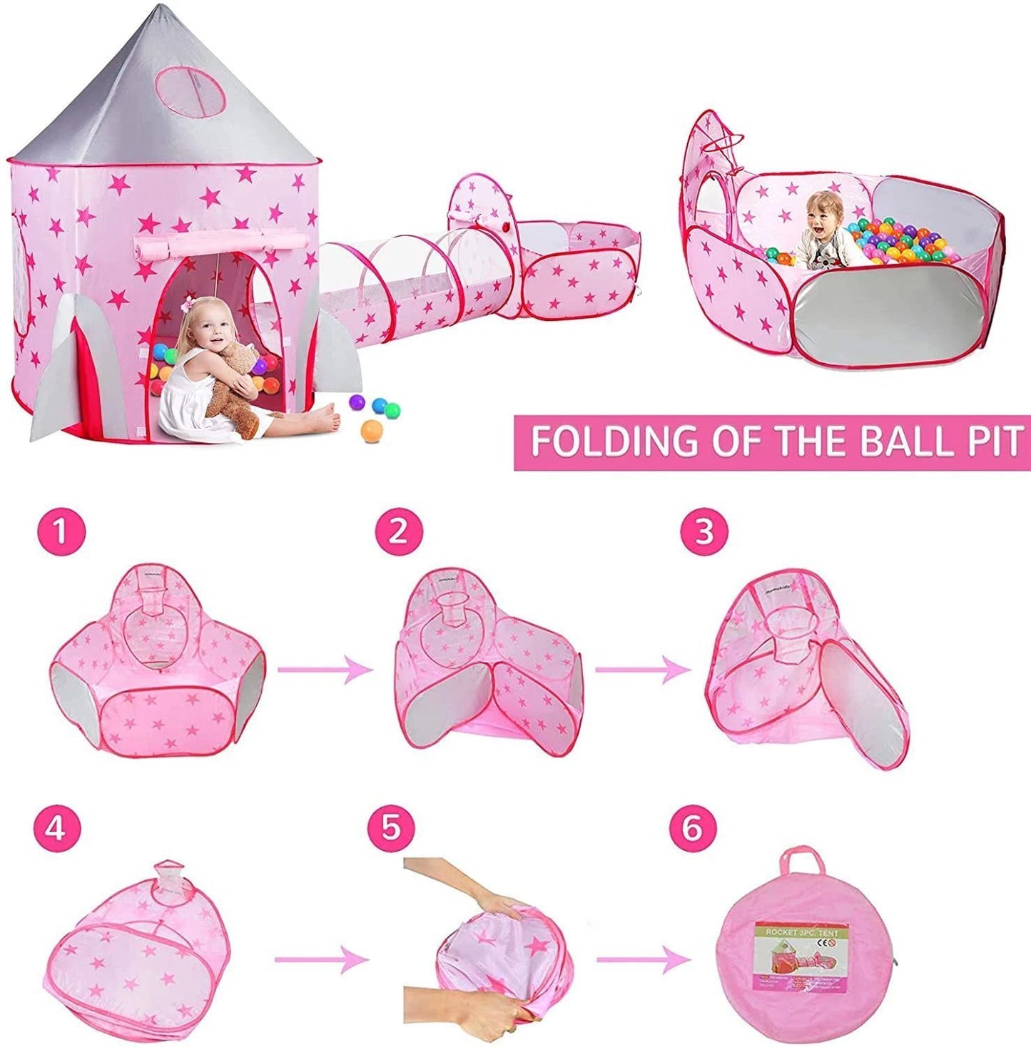 3 in 1 Rocket Ship Play Tent - Indoor/Outdoor Playhouse Set for Babies,Toddleers, Pink