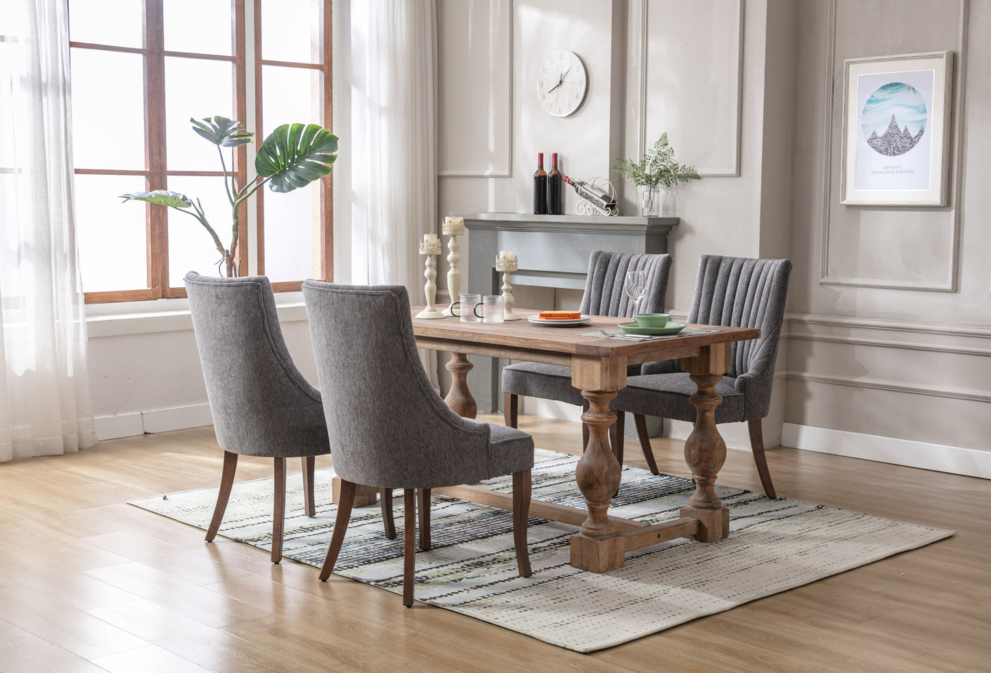 Exquisite Gray Linen Fabric Upholstered Strip Back Dining Chair with Solid Wood Legs 2 Pcs