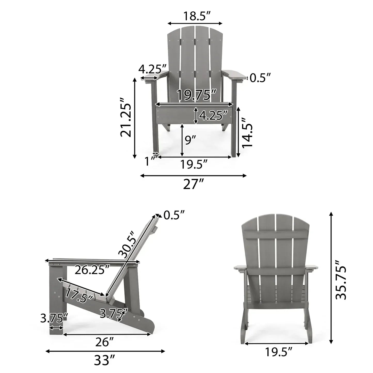 Classic Solid Gray Outdoor Solid Wood Adirondack Chair Garden Lounge Chair