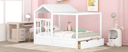 Full Size House Bed with Roof, Window and Drawer - White