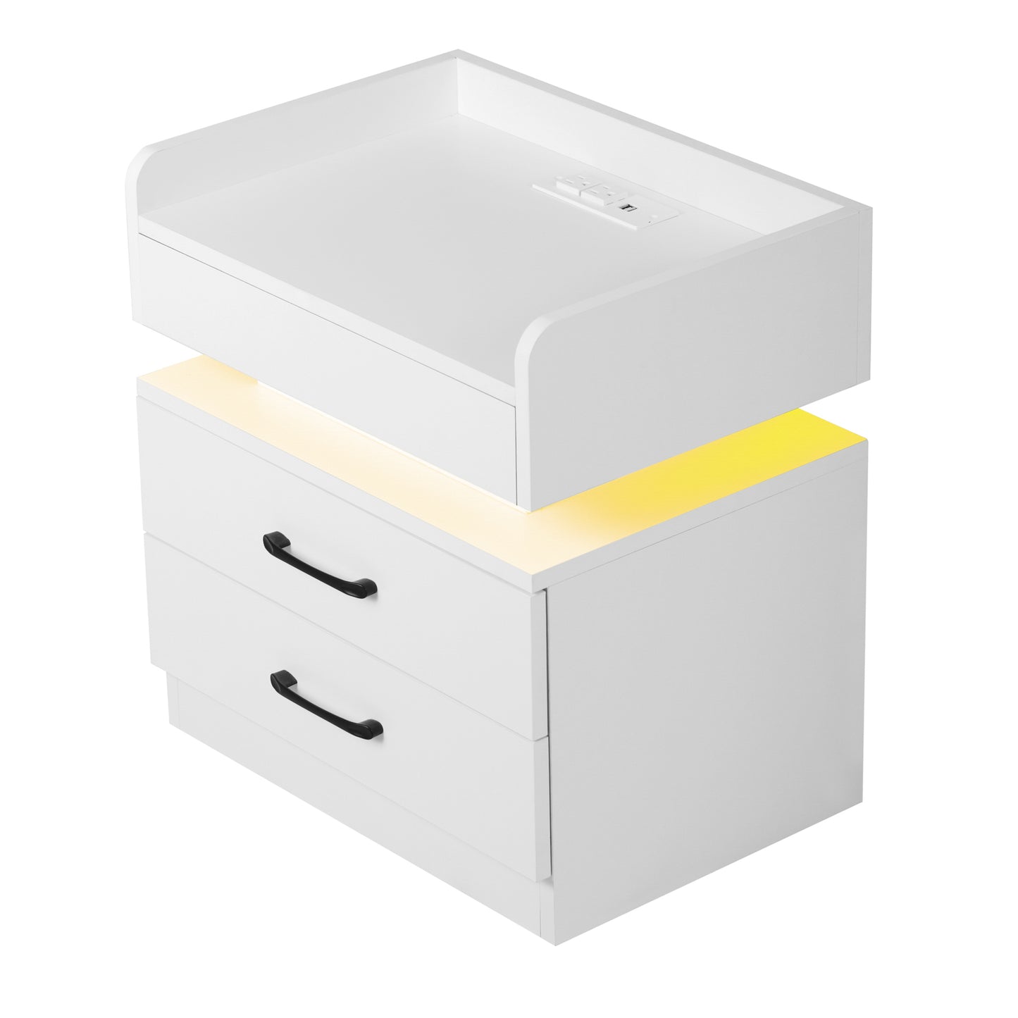 Nightstand with 2 Drawers,USB Charging Ports and Remote Control LED Light-White