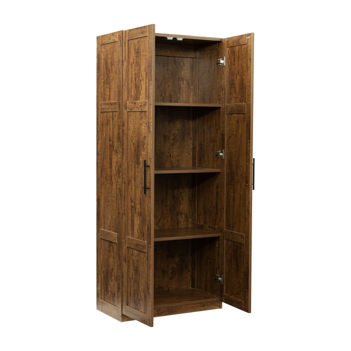 High wardrobe and kitchen cabinet with 2 doors and 3 partitions to separate 4 storage spaces, walnut