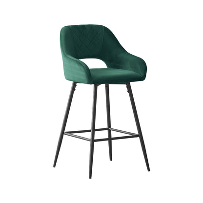 Bar Stools Set of 2 Velvet GREEN Breakfast Dining Bar Stools Fixed Height Bar Chairs with Metal Frame and Footrest for Breakfast Bar, Counter, Kitchen and Home